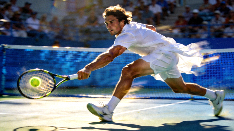 网球大满贯比赛，选手正手大力击球的动作